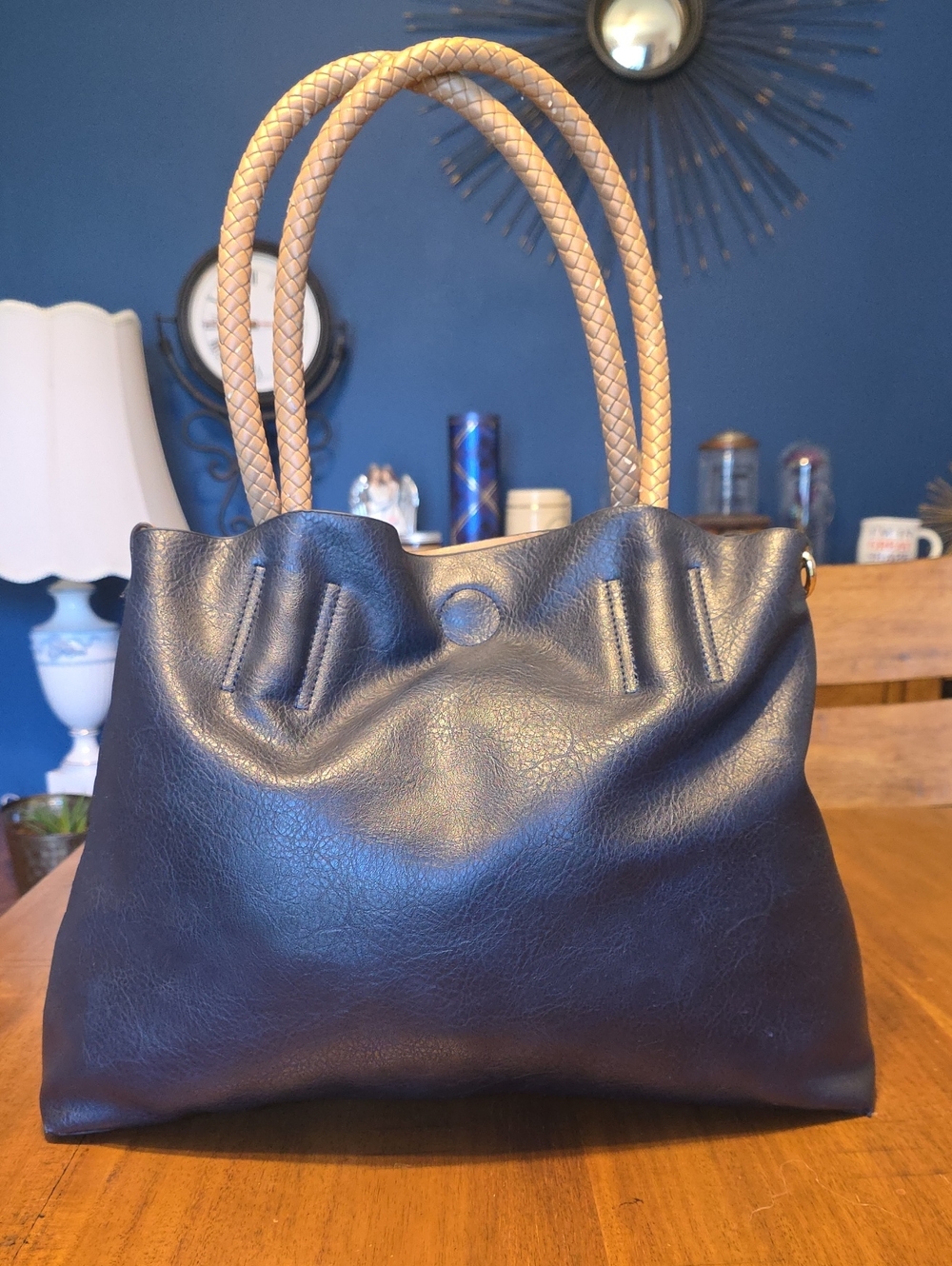 Classic Black Tote Bag with Braided Tan Handles